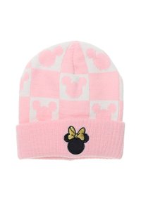 Berretto lavorato a maglia rosa con motivo a scacchi che presenta sagome di Topolino rosa chiaro, un risvolto ripiegato e una testa di Minni ricamata in nero con un fiocco dorato.
