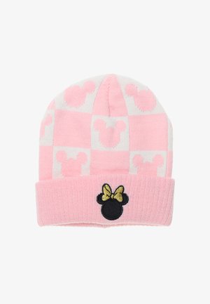 Pink knitted beanie with a checkered pattern featuring light pink Mickey Mouse silhouettes, a folded cuff, and an embroidered black Minnie Mouse head with a gold bow.