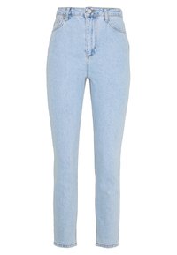 Jeans de tiro alto de color azul claro hechos de denim. Corte ajustado con pierna recta, con cierre de botón y diseño estándar de cinco bolsillos.