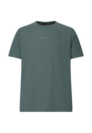 Kortärmelig sport-T-shirt in gedempte groene kleur met ronde hals en een klein "ENDURANCE" logo in het midden van de borst.