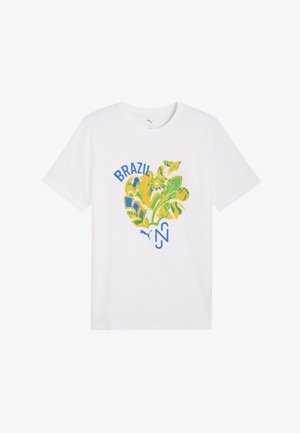 Weißes kurzärmeliges Hemd mit einem bunten abstrakten grünen und gelben Pflanzendesign, blauem Text "BRAZIL" und einem Puma-Logo auf der Vorderseite.