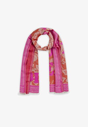 Geweven sjaal in roze en koraal met bloemenpatronen en geometrische randen. Franje aan de randen versterkt de textuur en details.