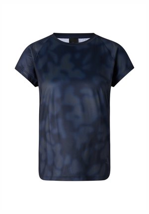 Dunkelblaues, kurzärmeliges Sportshirt mit dezenten, unregelmäßigen dunkleren Mustern, Rundhalsausschnitt und leichtem, atmungsaktivem Stoff.