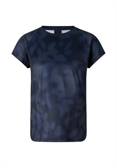 Dunkelblaues, kurzärmeliges Sportshirt mit dezenten, unregelmäßigen dunkleren Mustern, Rundhalsausschnitt und leichtem, atmungsaktivem Stoff.
