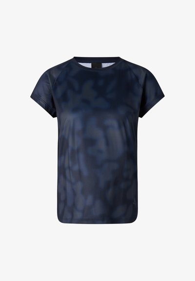 Dunkelblaues, kurzärmeliges Sportshirt mit dezenten, unregelmäßigen dunkleren Mustern, Rundhalsausschnitt und leichtem, atmungsaktivem Stoff.