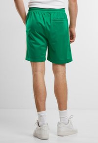 Grønne sportsshorts lavet af glat stof, med en elastisk talje og en enkelt baglomme. Pyntet med lyse striber på siderne.
