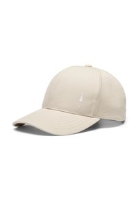 Beige baseballcap met een gebogen klep, van katoen en met een klein wit geborduurd boomlogo aan de voorkant. Voorzien van ventilatiegaten.