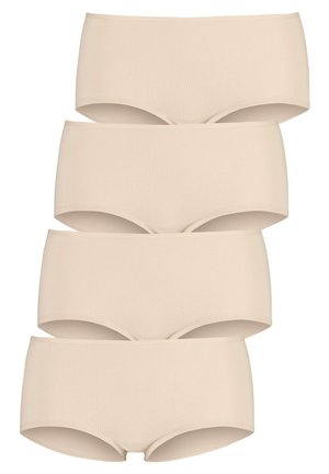 Beige katoenen slipset, met een gladde textuur, naadloos ontwerp en volledige bedekking, met vier stuks horizontaal gestapeld.