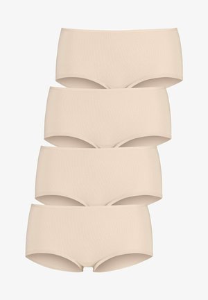 Beige cotton briefs set, featuring a smooth texture, seamless design, and full coverage, with four pieces stacked horizontally.