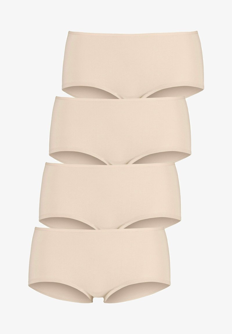 Ensemble de culottes en coton beige, avec une texture douce, un design sans couture et une couverture totale, comprenant quatre pièces empilées horizontalement.