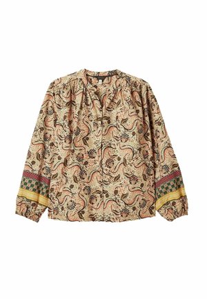 Musterbluse mit langen Ärmeln in Beige mit floralen und Paisleymustern. Verfügt über einen runden Ausschnitt und elastische Bündchen mit mehrfarbigem Besatz.