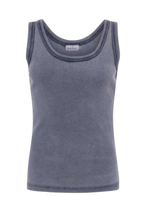 Graues, geripptes ärmelloses Tanktop mit Rundhalsausschnitt und sichtbarem Markenetikett innen am Kragen.