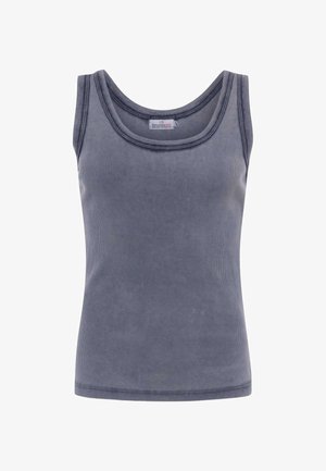 Graues, geripptes ärmelloses Tanktop mit Rundhalsausschnitt und sichtbarem Markenetikett innen am Kragen.