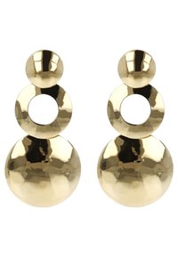 Orecchini in metallo color oro con un design di forme sferiche e circolari impilate, caratterizzati da una superficie lucida e riflettente.