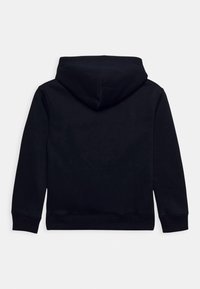 Black hooded sweatshirt featuring a soft texture, long sleeves, and a ribbed hem. The back has a smooth surface without additional details.