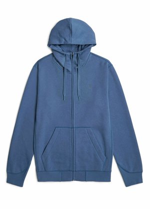 Felpa blu con zip e cappuccio regolabile, tasche frontali e polsini a coste. Realizzata in materiale morbido con una texture liscia.