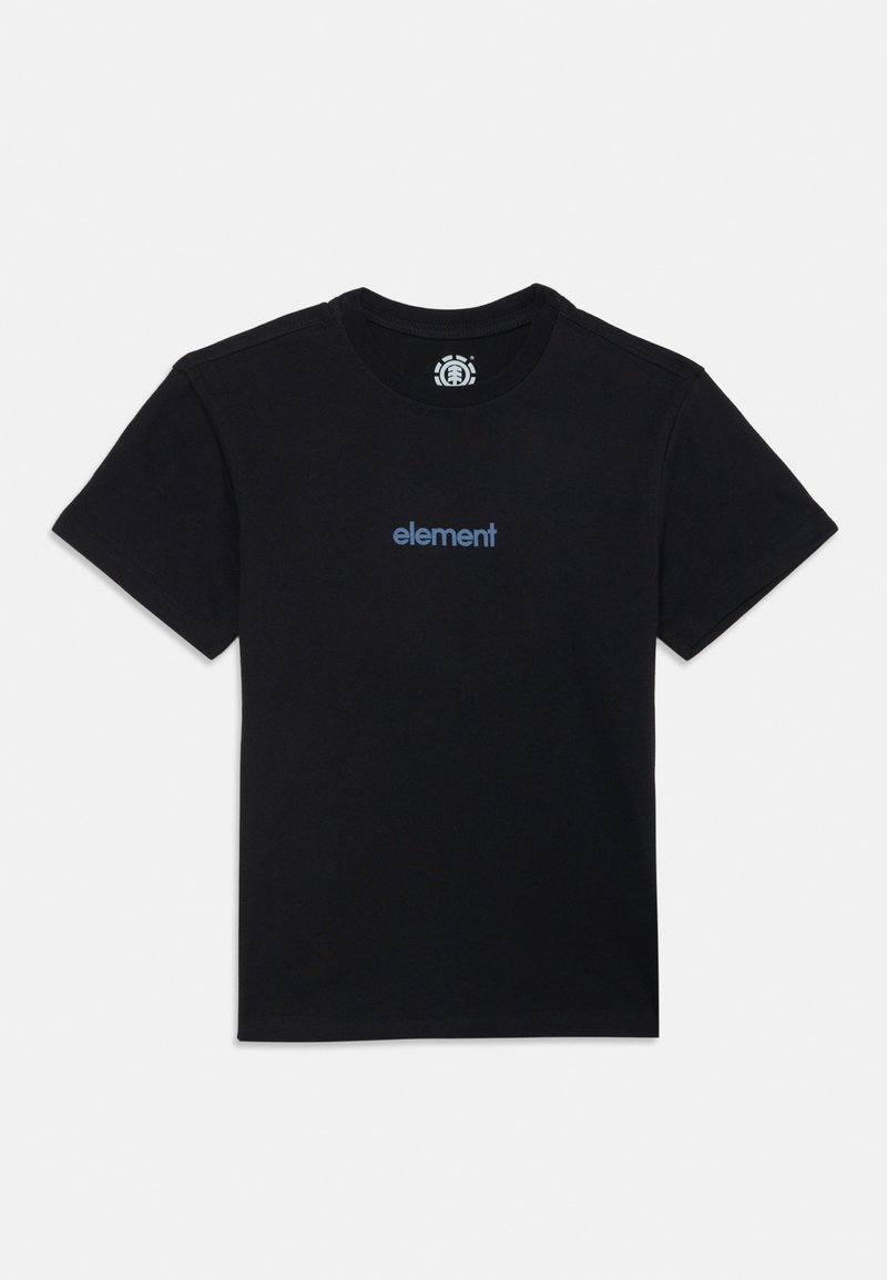 Zwarte katoenen t-shirt met korte mouwen en een ronde hals. Heeft een klein blauw "element" logo in het midden van de voorkant.