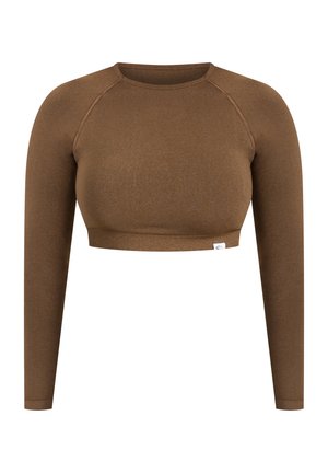 Brauner, langärmeliger Cropped-Top aus weichem Stoff mit rundem Ausschnitt und geripptem Saum. Keine auffälligen Muster oder Akzente.