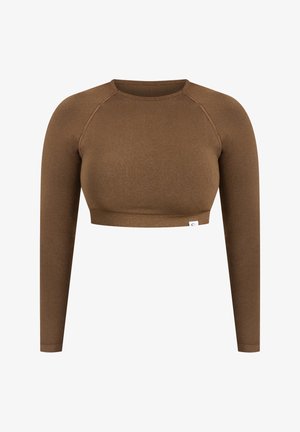 Brauner, langärmeliger Cropped-Top aus weichem Stoff mit rundem Ausschnitt und geripptem Saum. Keine auffälligen Muster oder Akzente.