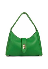 Borsa in pelle verde con un design strutturato, manico curvo e un evidente dettaglio in oro sulla parte frontale. Superficie testurizzata con una finitura liscia.