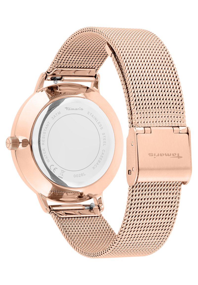 Armbanduhr mit rosegoldenem Netzarmband und rundem Gehäuse aus Edelstahl. Verfügt über einen polierten Gehäuseboden und einen sicheren Verschluss. Wasserdicht bis 30 m.