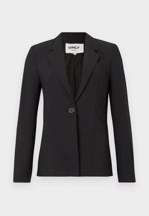 Černý blazer vyrobený z hladké látky, s jedním knoflíkovým zapínáním, klopami s výstřihem a přizpůsobeným střihem s předními kapsami.