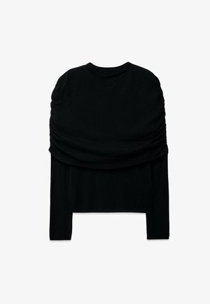 Top negro de manga larga con un diseño drapeado y textura recogida en los hombros, con un dobladillo recto. Tejido suave y elástico.