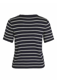 Námorně modré a krémové pruhované tričko s krátkým rukávem a kulatým výstřihem, vyrobené z žebrované látky, s přiléhavým střihem a hladkou texturou.