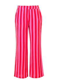 Rode en roze gestreepte wijde broek, met een elastische tailleband en zachte, lichte stof, met verticale strepen die van kleur afwisselen.
