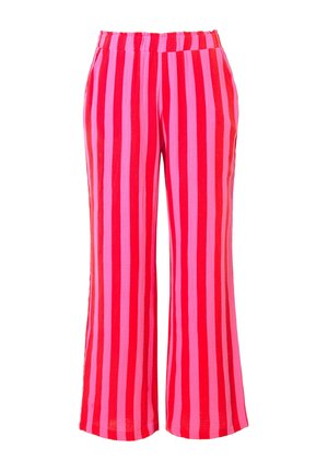 Pantalones de pierna ancha a rayas rojas y rosas, con una cintura elástica y fabricados en una tela suave y ligera, con rayas verticales alternando en color.