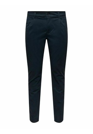 Dunkelblaue Chinos aus einem Baumwollmischgewebe. Merkmale sind ein Knopfverschluss, zwei Fronttaschen und tapered Beine mit einer durchgehend glatten Textur.