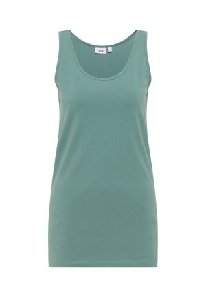 Lichtgroene tanktop gemaakt van een zachte katoenmix. Heeft een ronde hals en brede schouders. Eenvoudig, gestroomlijnd ontwerp zonder patronen.