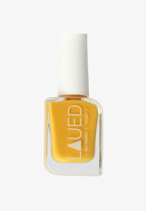 Yellow nail polish bottle with white cap labeled "LAUDED" and "bio-based | vegan" on a white background.