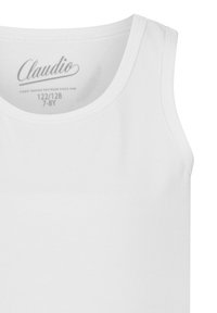 Hvid bomulds tanktop med rund halsudskæring og uden ærmer. Indersiden af mærket angiver mærke og størrelse 122/128 (7-8 år).