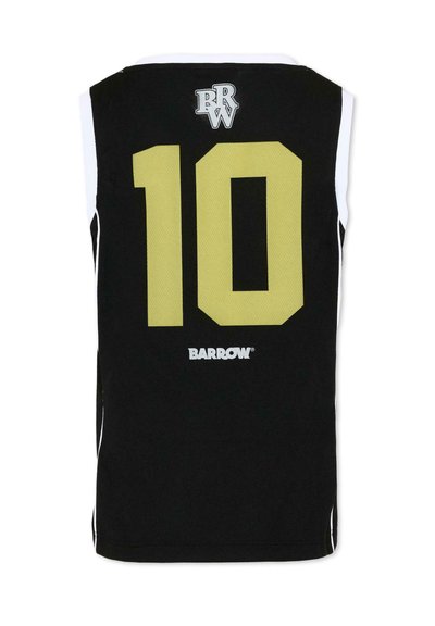 Czarny sportowy bezrękawnik z dużą żółtą cyfrą 10 na plecach, białe logo "BARROW" poniżej oraz inicjały "BRW" na górze.