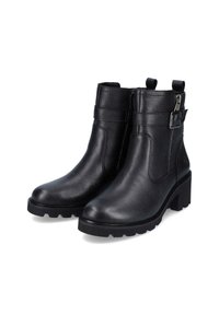 Black leather ankle boots with a textured finish, featuring a side zipper, buckle accents, and a chunky rubber sole.