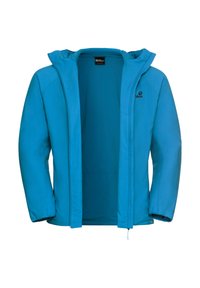 Giacca impermeabile azzurro chiaro con cappuccio, chiusura frontale con zip e polsini elasticizzati. La fodera interna è liscia, offrendo comfort e isolamento.