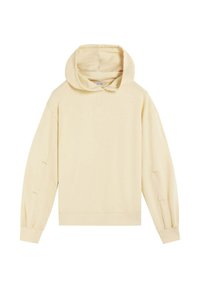 Sudadera amarilla clara hecha de un tejido suave, con capucha ajustable, mangas largas y puños acanalados con sutiles aberturas laterales.