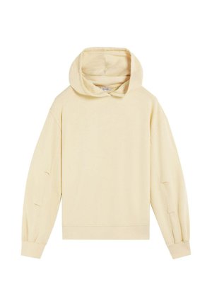 Sudadera amarilla clara hecha de un tejido suave, con capucha ajustable, mangas largas y puños acanalados con sutiles aberturas laterales.