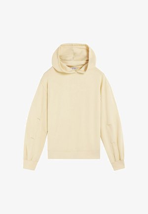 Sudadera amarilla clara hecha de un tejido suave, con capucha ajustable, mangas largas y puños acanalados con sutiles aberturas laterales.