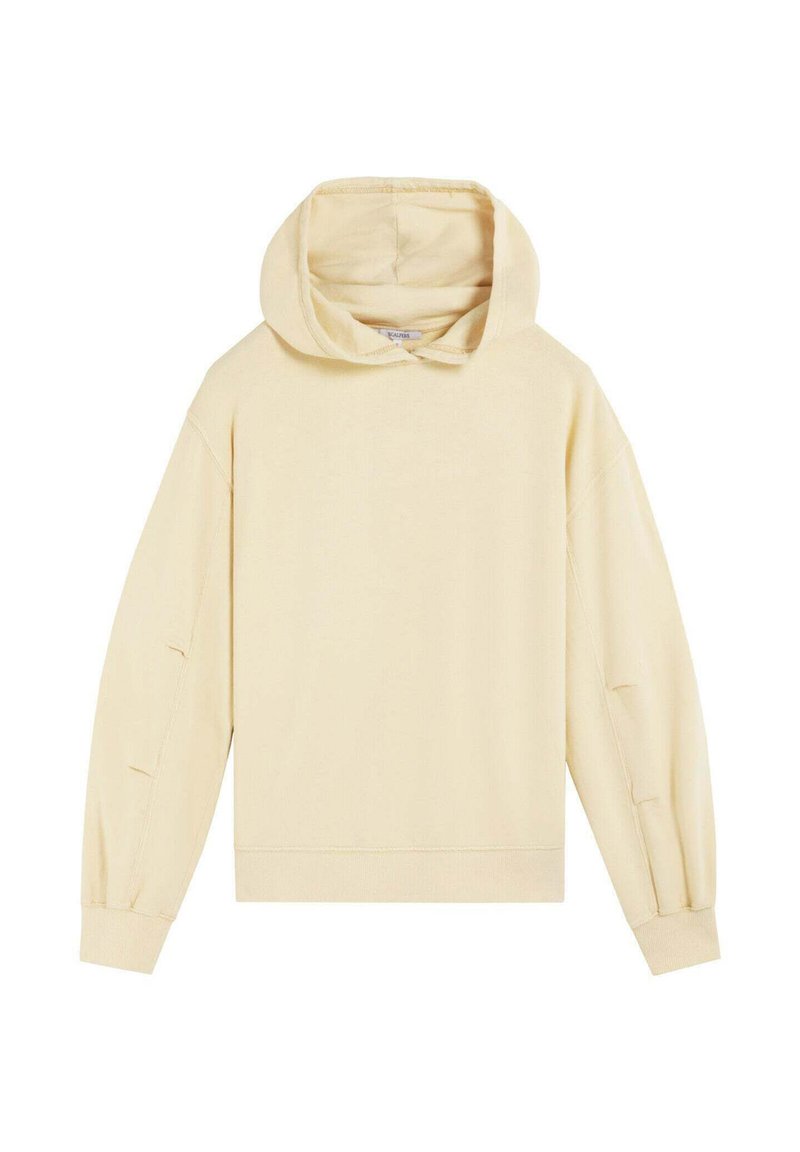 Sudadera amarilla clara hecha de un tejido suave, con capucha ajustable, mangas largas y puños acanalados con sutiles aberturas laterales.