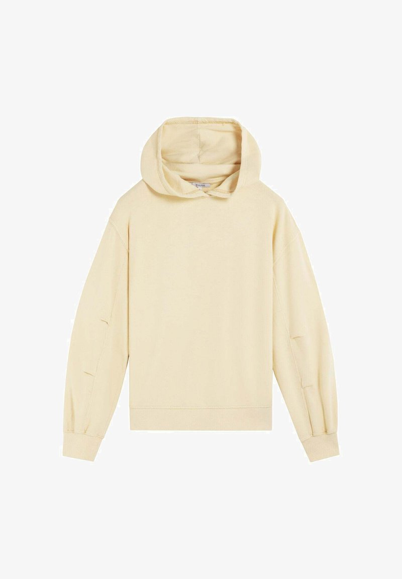 Sudadera amarilla clara hecha de un tejido suave, con capucha ajustable, mangas largas y puños acanalados con sutiles aberturas laterales.