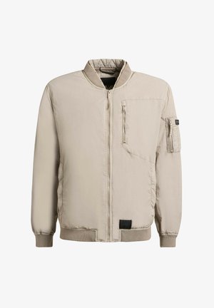 Beige bomber jacket with front zipper, ribbed collar, cuffs, hem, zippered chest pocket, and zippered sleeve pocket.