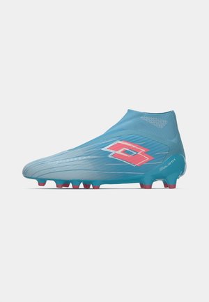 Light blue football boot with red and white logo, sock-like ankle collar, and red studs on sole, isolated on white background.