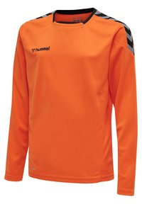 Langärmliges, leuchtend oranges Sporttrikot mit schwarzen und grauen Chevron-Streifen auf den Schultern und kleinem schwarzem Markenlogo auf der Brust.