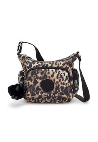 Animal print crossbody bag in beige and black fabric with adjustable strap, zippered compartments, and a furry keychain accent.