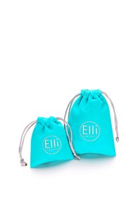 Tirkīza krāsas auduma rotaslietu maisiņi, viens liels un viens mazs, ar sacilptiem sudraba aukliņām un uzdrukātu "Elli" logo priekšpusē.