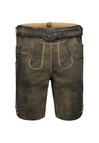 Traditionele bruine leren lederhosen shorts met decoratieve borduursels, voorzakken, zijknopen en een sierlijke metalen riemgesp.