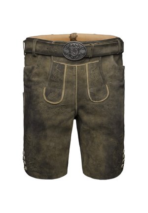 Tradycyjne brązowe skórzane szorty lederhosen z dekoracyjnym haftem, przednimi kieszeniami, bocznymi guzikami i ozdobną metalową klamrą do pasa.