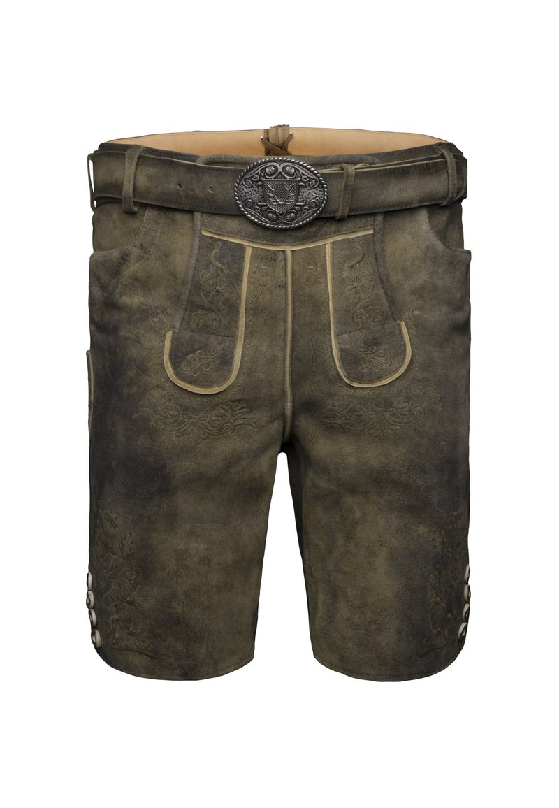 Traditionele bruine leren lederhosen shorts met decoratieve borduursels, voorzakken, zijknopen en een sierlijke metalen riemgesp.